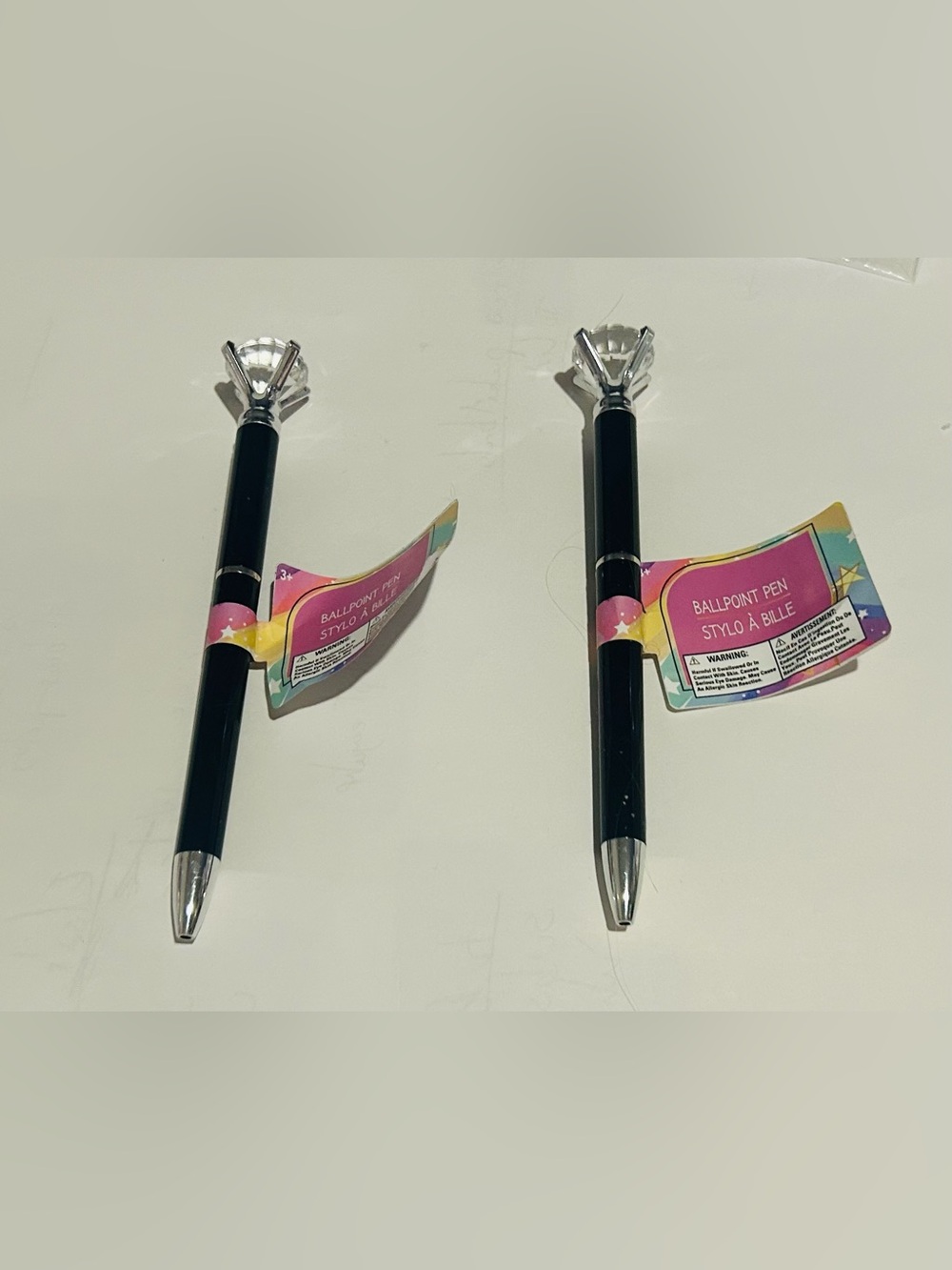 New 2 Black Pens with Diamond Shape on Top Silver Tone Clear Diamond 6 1/4”
